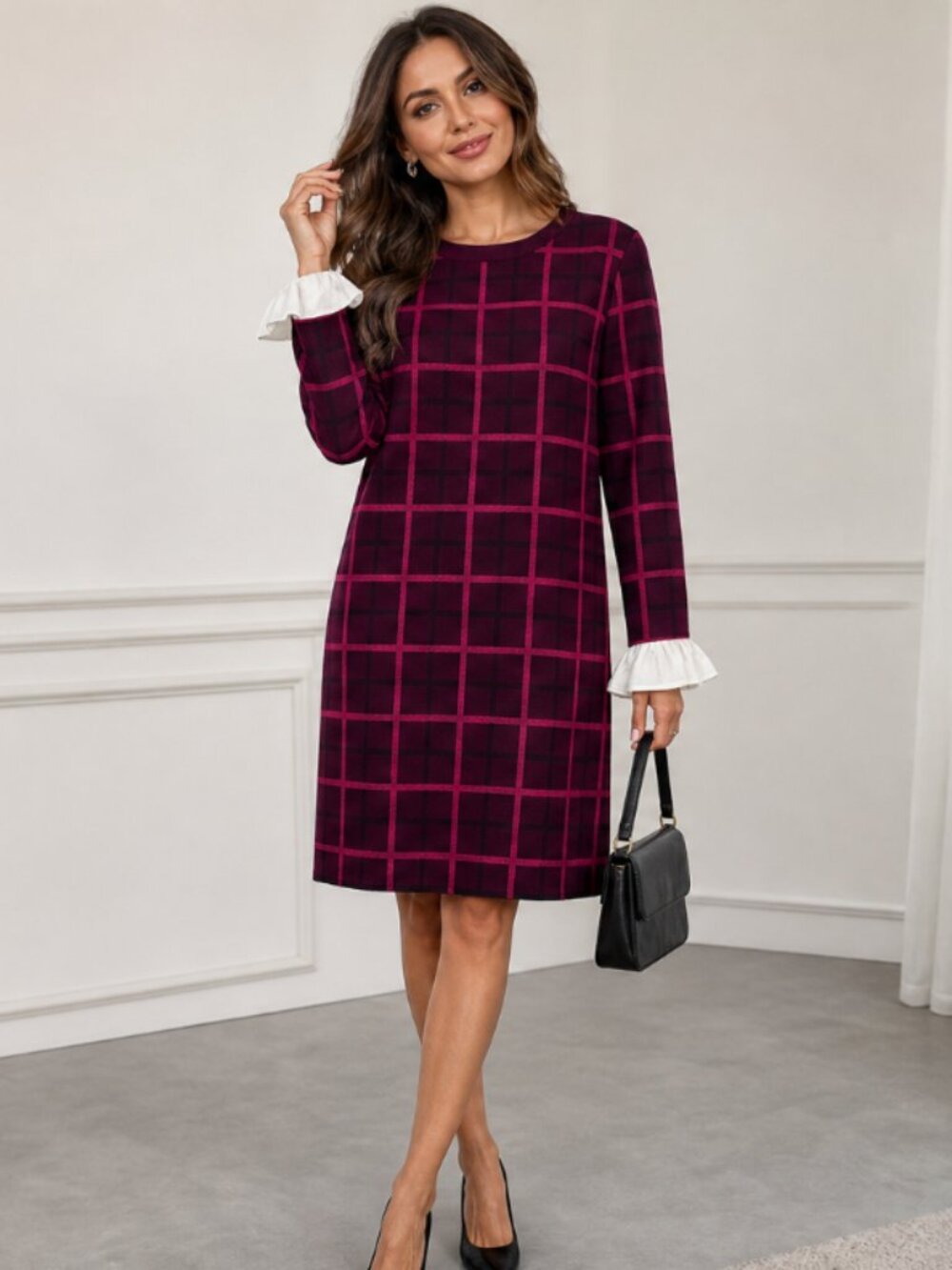 Tommy Hilfiger peplum-sleeve sweater dress in a purple plaid pattern